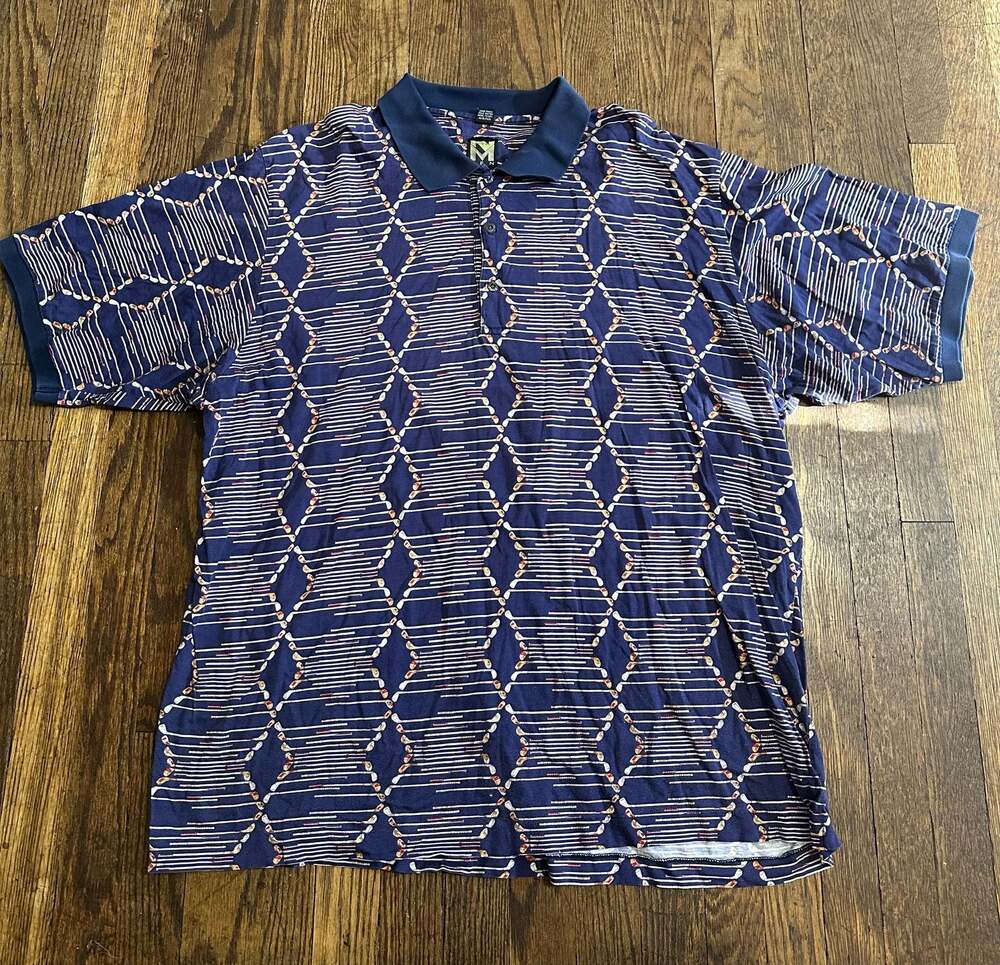 M Men Vintage Navy Blue Golf Club Print Short Sleeve Polo Shirt XXL
